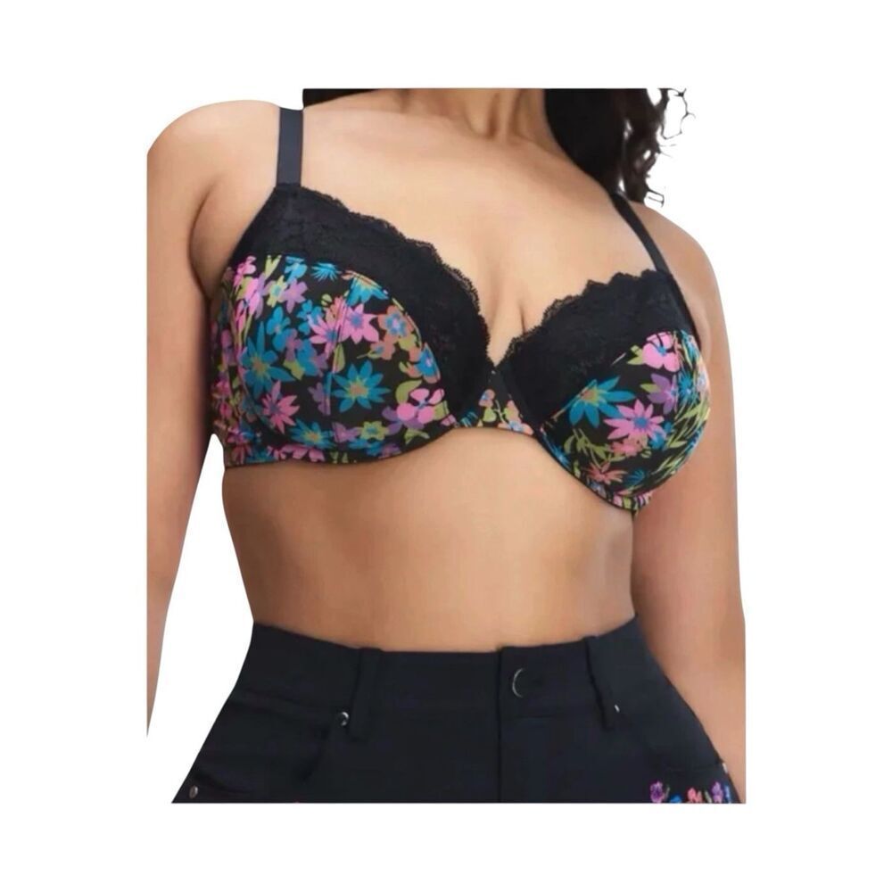 Savage X Fenty Hopelace Romantic Unlined Black Multicolor Demi Bra38DD Underwire